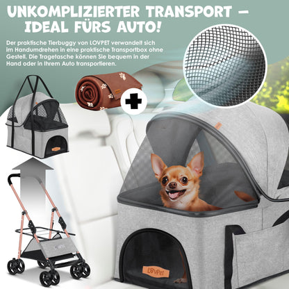 LOVPET® Dog Stroller 2in1 Dog Cart Dog Crate, Transport Bag Foldable and collapsible up to 20kg Pets Buggy with Mesh Windows, Cup Holder, Rain Cover Jogger Buggy for Pets
