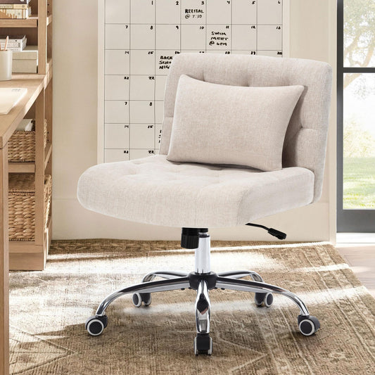 WOLMICS Cross-Legged Chair, Desk Chair with Lumbar Pillow, Criss Cross Chair for Girls, Armless Office Chair made of Linen, Makeup Chair 160KG Capacity, Swivel Chair for Bedroom