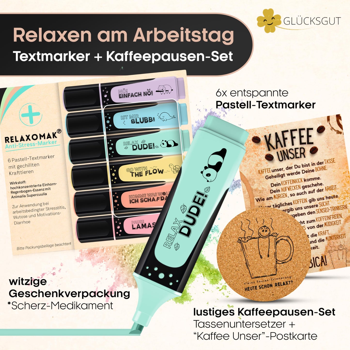 Lucky Good® First Aid Kit for Work | Partially filled | Funny gift to fill | Highlighter + Voodoo doll + Coffee break set | Colleagues, new job, farewell, office