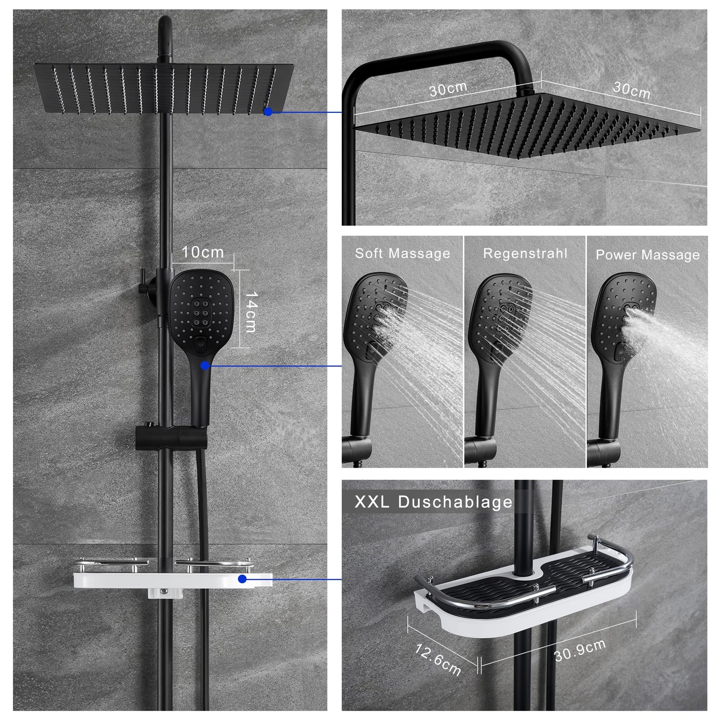 Görbach shower system shower set rain shower head overhead shower set matte black (3030MB+shelf)