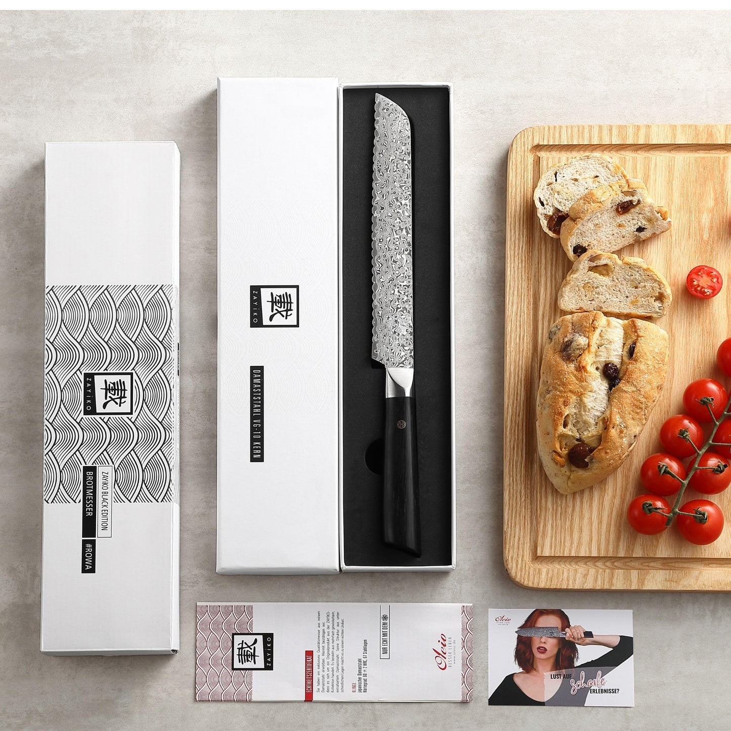 Zayiko Black Edition Damascus Bread Knife I 20 cm serrated blade made of 67 layers of Damascus steel I ergonomic Pakka wood handle I professional kitchen knife for bread, crusts & baked goods I comes in an elegant gift box.
