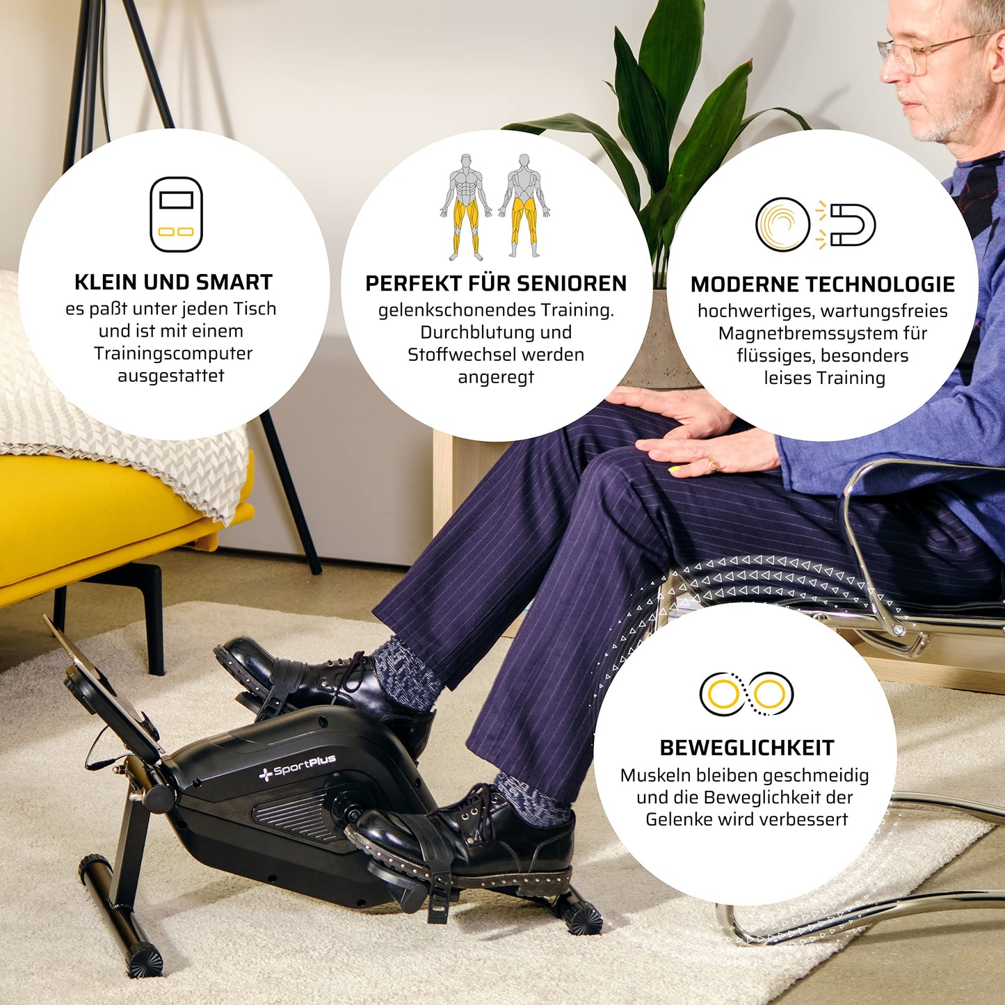 SportPlus leg trainer for home & office, mini home trainer with magnetic brake & 8 resistance levels, with training computer, extra wide pedals, app compatible | exercise bike | mini bike