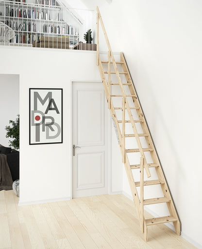 DOLLE space-saving staircase made of untreated solid spruce Height up to 283.5 cm including railing with two-part stringer