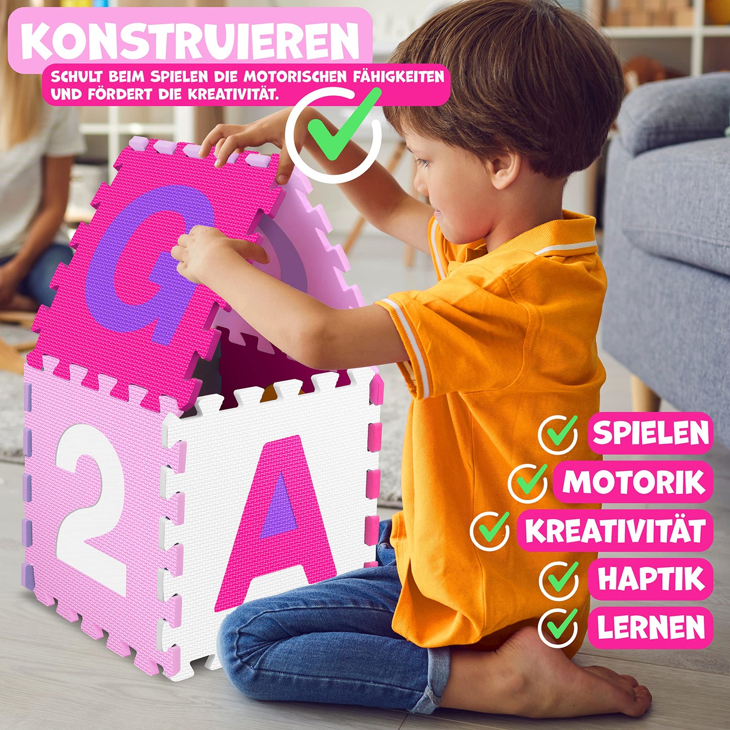 KIDIZ® Play Mat 86-Piece Play Carpet Puzzle Mat Kids Carpet Protective Mat Children's Play Carpet Foam Mat ABC Learning Carpet Puzzle Carpet Puzzle Numbers Letters Size per Mat approx. 31.5x31.5cm Pink