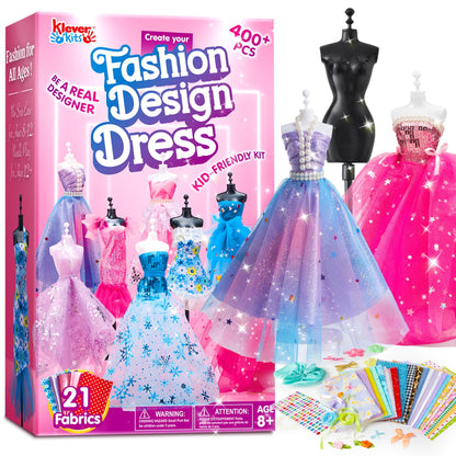 Clever Kits 400+ pieces Fashion Design for Girls, DIY Fashion Design Sewing Kit Set with 3 Mannequins, Gifts for Girls 8 9 10 11 12+ years, Creative Craft Kit for Kids 8+ years.