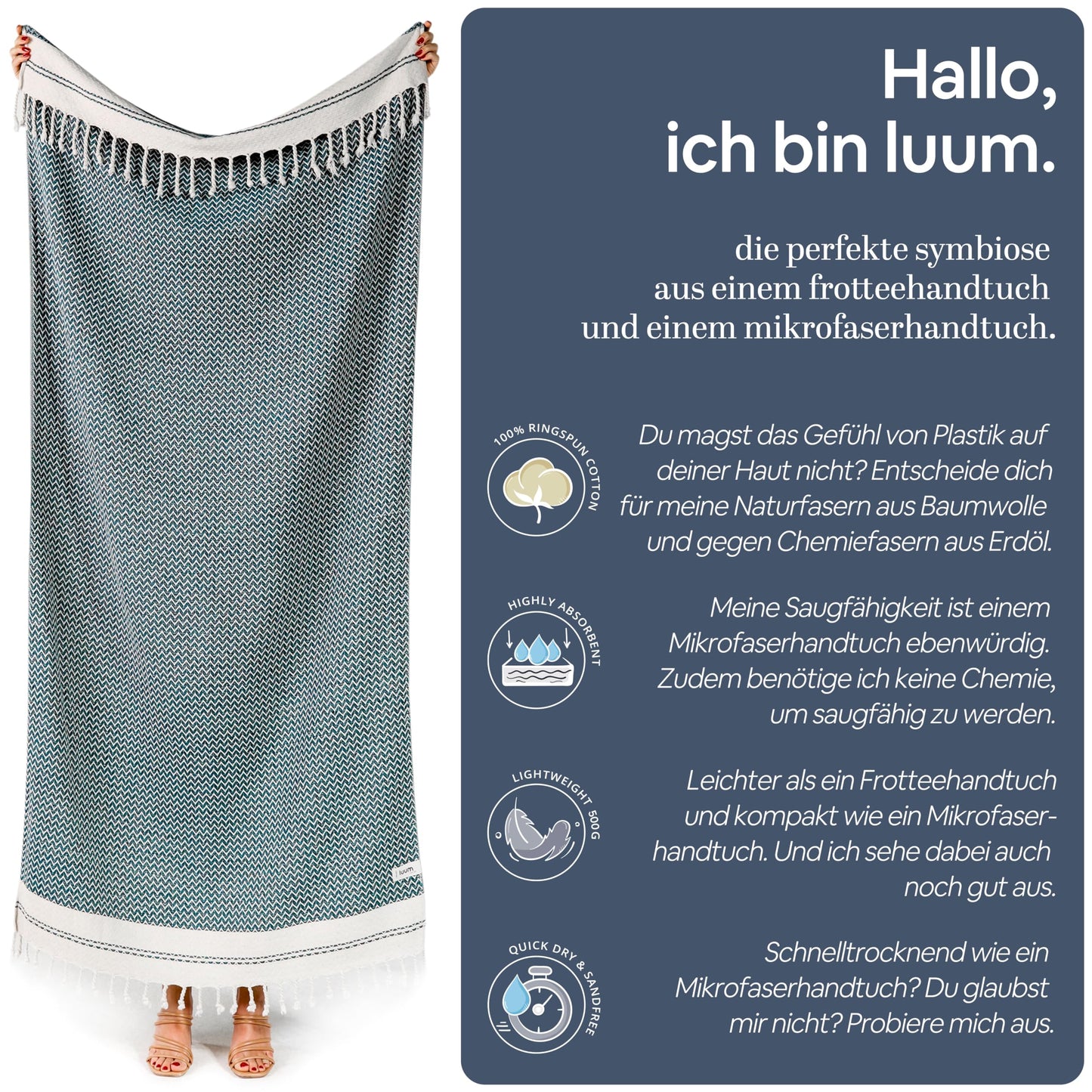 Luum® beach towel large 90x200 Hammam towel sauna towel bath towel hand towel yoga towel shower towel beach towel sauna towel travel towel Turkish towels, women men, 100% cotton, petrol