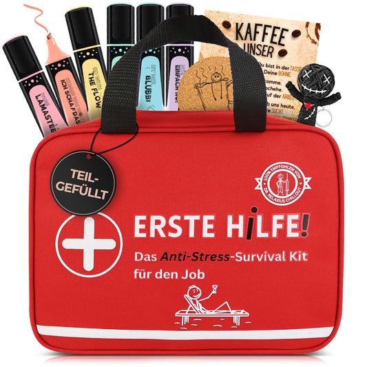 Lucky Good® First Aid Kit for Work | Partially filled | Funny gift to fill | Highlighter + Voodoo doll + Coffee break set | Colleagues, new job, farewell, office