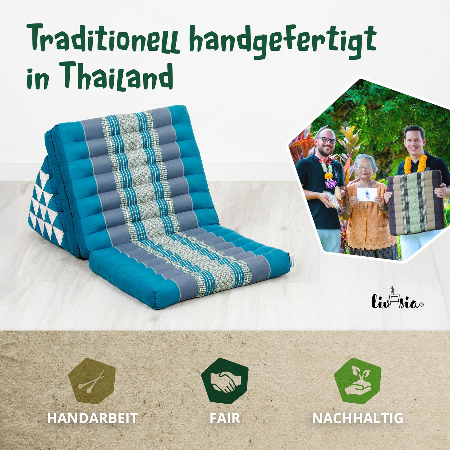 livasia Thai cushion 3 layers extra high - 185x55x8cm - triangular cushion with folding mattress, kapok, jumbo backrest pillow foldable, Thai mat folds, handmade, meditation cushion (light blue)