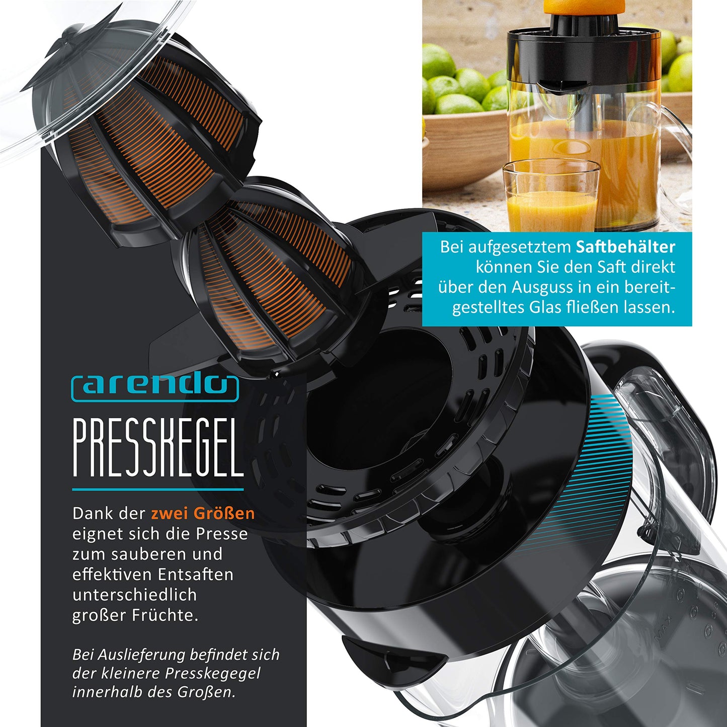 Arendo - Stainless Steel Electric Citrus Juicer - Lemon Juicer Orange Juicer Lime Juicer Juicer - 1.2 liter fruit juice container - Press cone with two rotation directions - BPA free