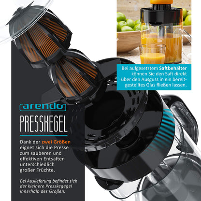 Arendo - Stainless Steel Electric Citrus Juicer - Lemon Juicer Orange Juicer Lime Juicer Juicer - 1.2 liter fruit juice container - Press cone with two rotation directions - BPA free