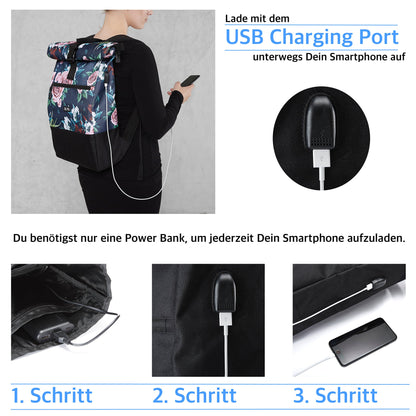 Ela Mo roll-top backpack for women - stylish and practical - laptop backpacks for women - anti-theft bag for school, college, business (Floral)