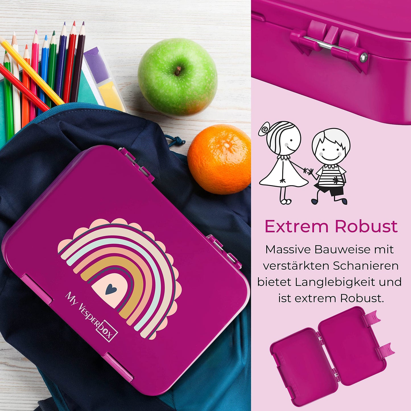 My Vesperbox - Len - Bento Box Kids - Lunchbox with 4+2 compartments - extremely durable - sandwich box - perfect for kindergarten and school (Purple Rainbow)