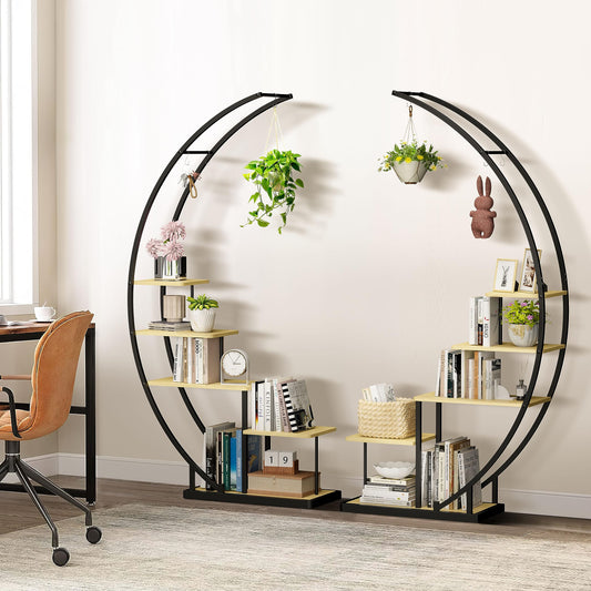 Ribelli 5-tier metal plant stand in half moon shape 172cm, plant shelf with 5 shelves & hooks, tall flower stand plant ladder with tip protection for balcony living room terrace (2 pieces, Brown)