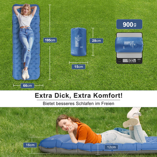 NIKYPJ Self-Inflating Sleeping Pad, 12cm Air Mattress for Camping, Inflatable Ultralight Waterproof Mat with Pillow for Hiking, Outdoors, Camping, Travel (Foot inflation required)