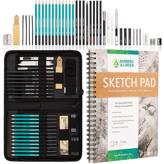 XXL set - sketching pencils & charcoal set - drawing pad for sketching, 100 sheets, kneaded eraser & pencils - perfect set for kids, teenagers & adults.