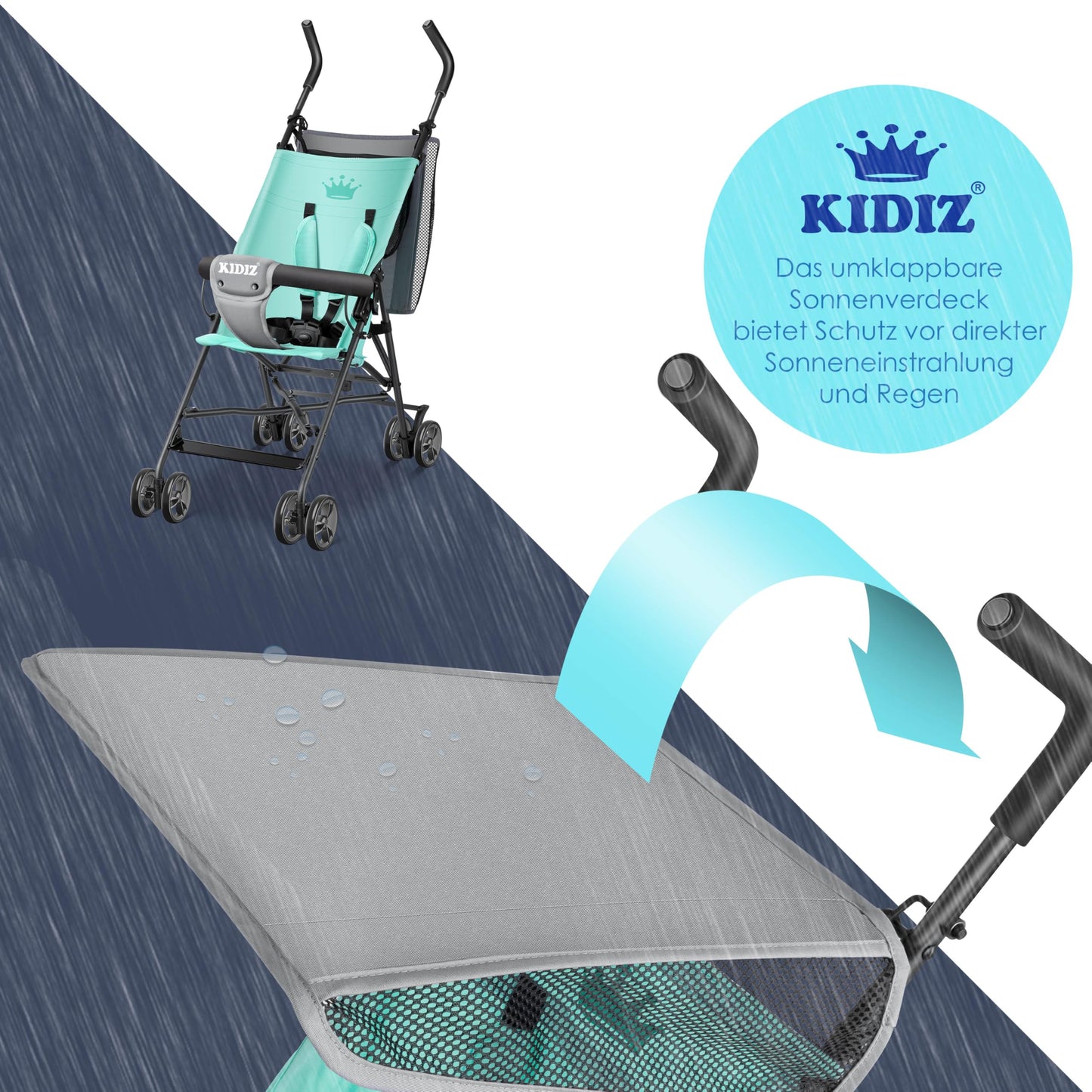 KIDIZ® City Buggy is a foldable sports stroller with 360° swivel 4-inch wheels, sun and rain covers, and a 5-point safety harness. Suitable for kids over 6 months, in mint green.
