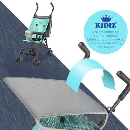 KIDIZ® City Buggy is a foldable sports stroller with 360° swivel 4-inch wheels, sun and rain covers, and a 5-point safety harness. Suitable for kids over 6 months, in mint green.