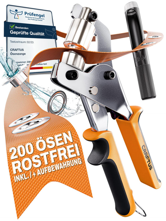 Craftus® Professional Eyelet Tool Set with 200 stainless steel eyelets (Ø 10mm) I Magnetic eyelet press made of hardened steel for fabrics & tarps I Eyelet punch for tarp eyelets & metal eyelets.