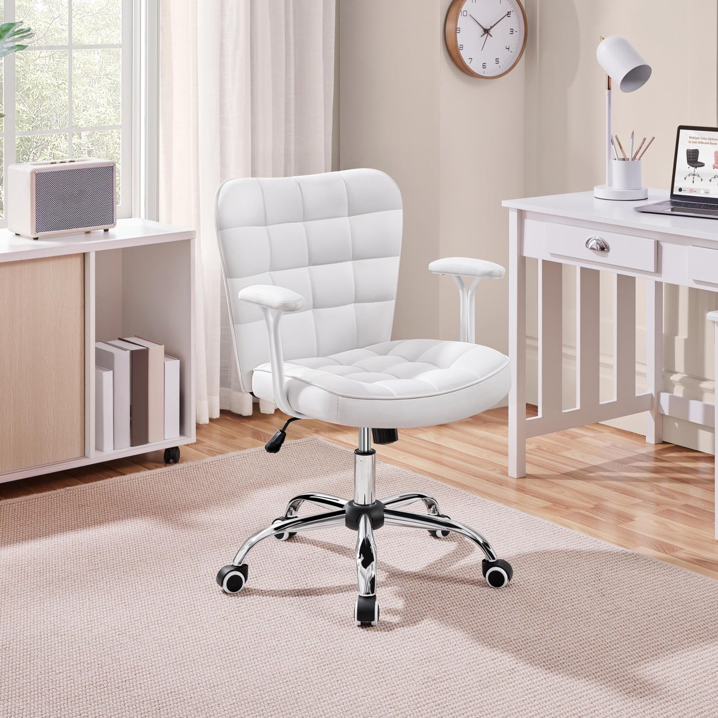 Yaheetech home office chair desk chair office chair work chair made of faux leather, swivel chair with soft armrests, height adjustable padded chair computer chair with wheels, white