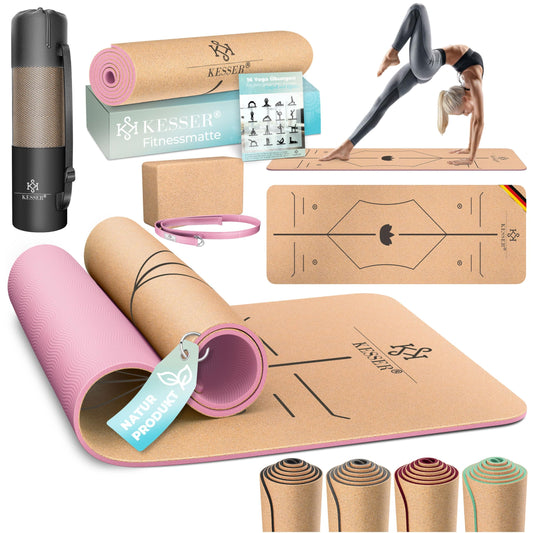 KESSER® Cork Yoga Mat with Carry Strap Bag & Yoga Block Gymnastic Mat Yoga Mat Non-Slip Natural Rubber TPE Fitness Mat, 183 x 62 Exercise Mat for Fitness Sports Mat, Gymnastics extra thick