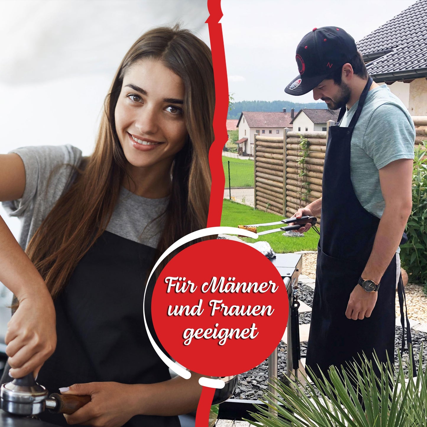 ZOLLNER 2-piece cooking apron set in black - sturdy grilling apron with sewn-on pockets - for men and women - cotton - 75x100 cm - with tie straps - washable up to 60°C - Oeko Tex® certified
