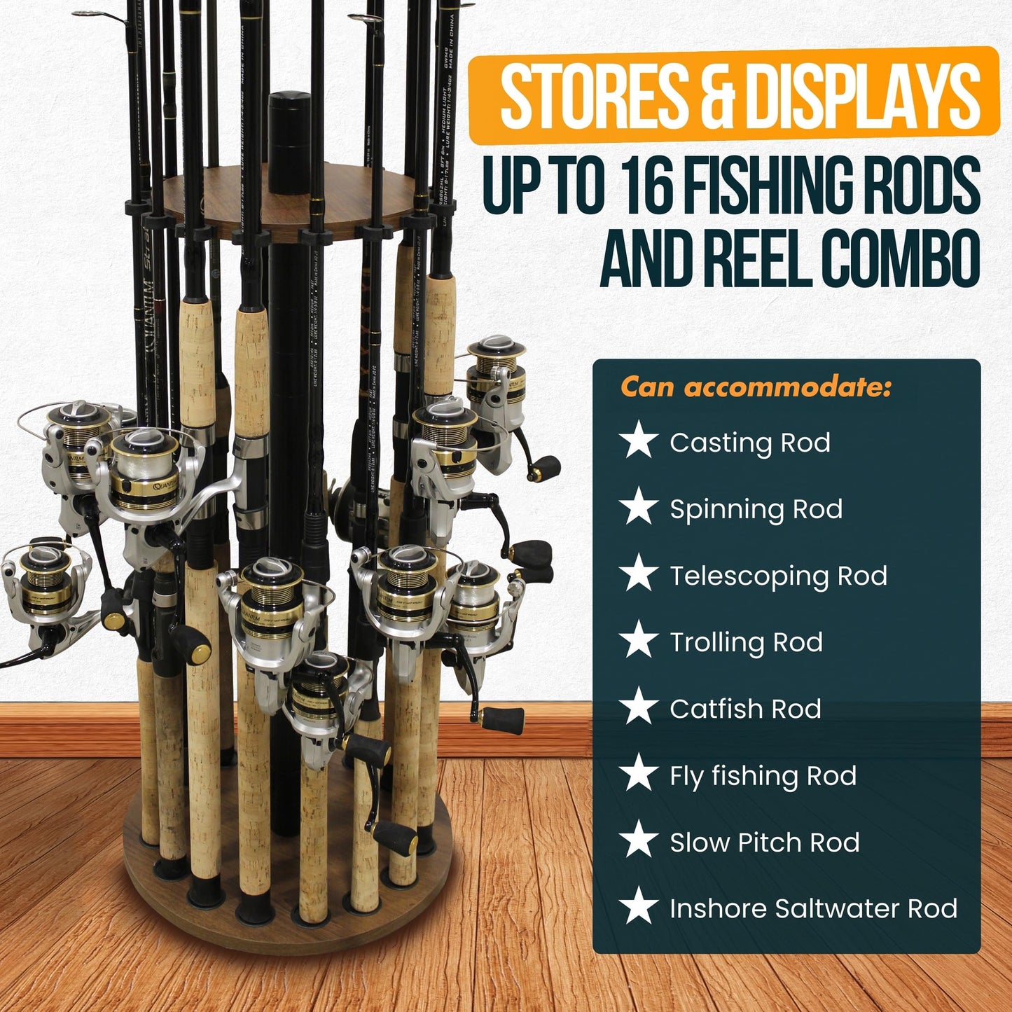 Rush Creek Creations Round Fishing Rod Holder for 16 freshwater fishing rods, fishing gear and accessories, rod holder with 16 rod clips for garage organization.