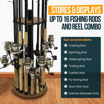 Rush Creek Creations Round Fishing Rod Holder for 16 freshwater fishing rods, fishing gear and accessories, rod holder with 16 rod clips for garage organization.