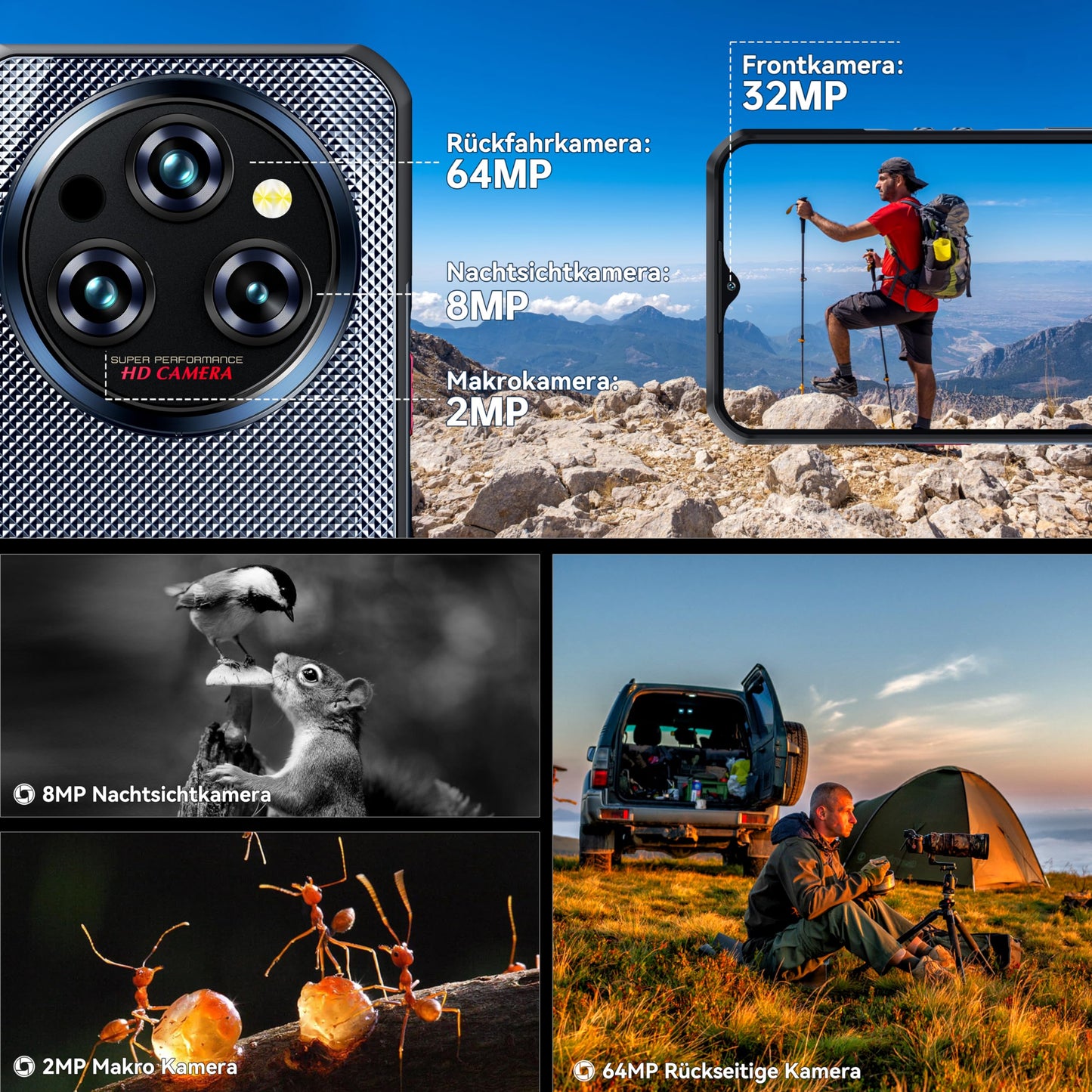 OUKITEL WP35 Outdoor Smartphone 5G - Android 14 rugged phone 11000mAh, 24GB RAM + 256GB ROM Waterproof construction phone 6.6 inch, 64MP+32MP+8MP night vision camera, NFC/GPS/Fingerprint/Face ID, Green