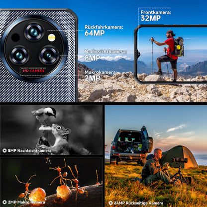 OUKITEL WP35 Outdoor Smartphone 5G - Android 14 rugged phone 11000mAh, 24GB RAM + 256GB ROM Waterproof construction phone 6.6 inch, 64MP+32MP+8MP night vision camera, NFC/GPS/Fingerprint/Face ID, Green
