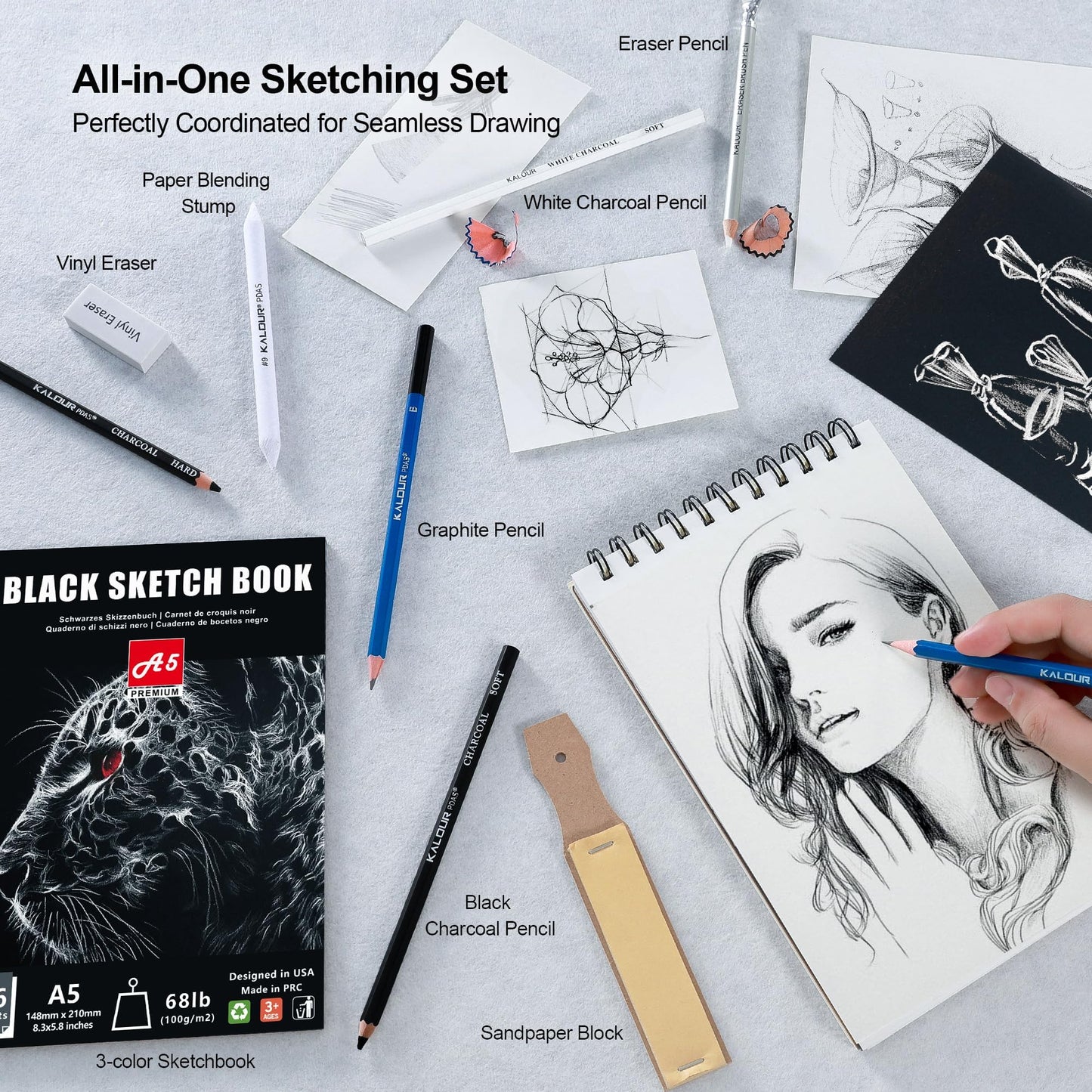 KALOUR 154-piece art supplies set - sketching and drawing set with sketchbook, tutorial book, drawing paper - graphite, colored, charcoal, watercolor, and metallic pencils - drawing tools for artists and.