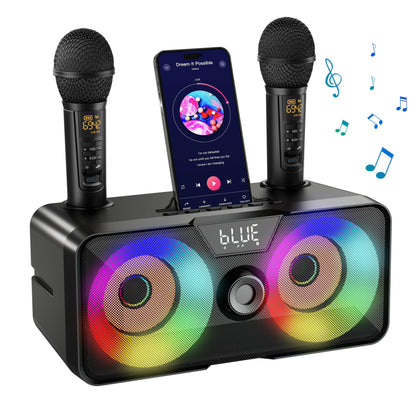 Karaoke machine for adults and kids with 2 wireless microphones, portable Bluetooth singing PA speaker system with LED lights for home parties, weddings, churches, birthday gifts.