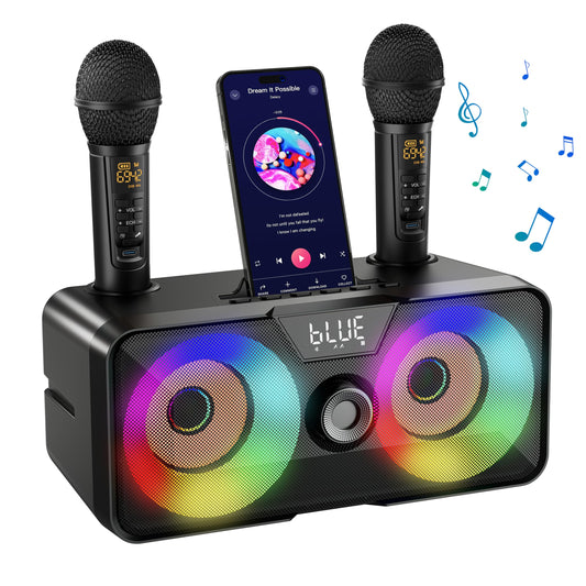 Karaoke machine for adults and kids with 2 wireless microphones, portable Bluetooth singing PA speaker system with LED lights for home parties, weddings, churches, birthday gifts.