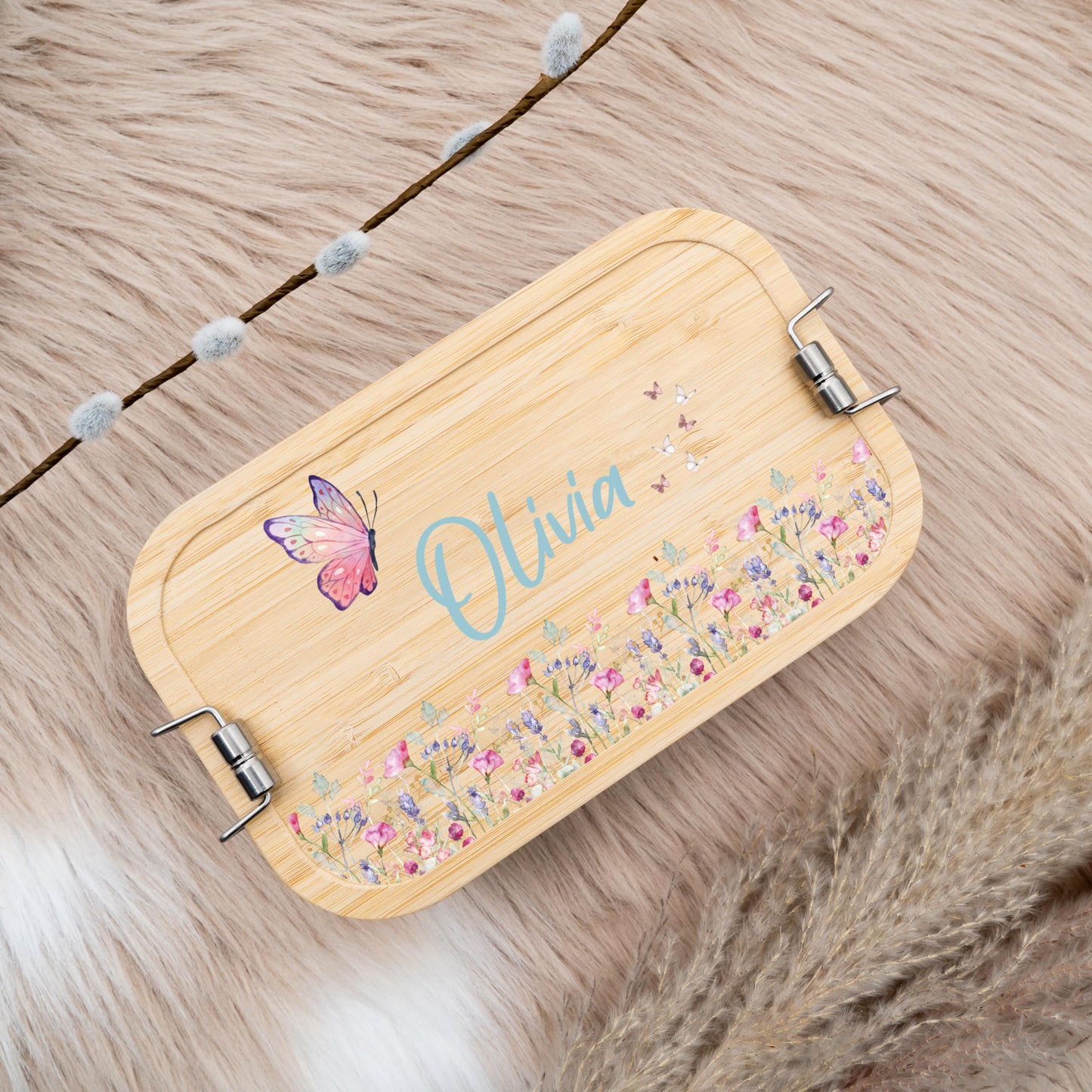 Kidsmood - Personalized lunchbox for kids with compartments, stainless steel container with bamboo lid. Printed without harmful substances, featuring cute animal design and name. Perfect gifts for girls & boys starting school.