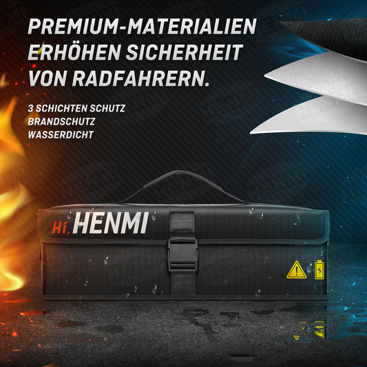 HENMI Ebike battery bag, 1000°C fireproof for safe storage, transportation, charging, 41 x 13 x 12 cm.