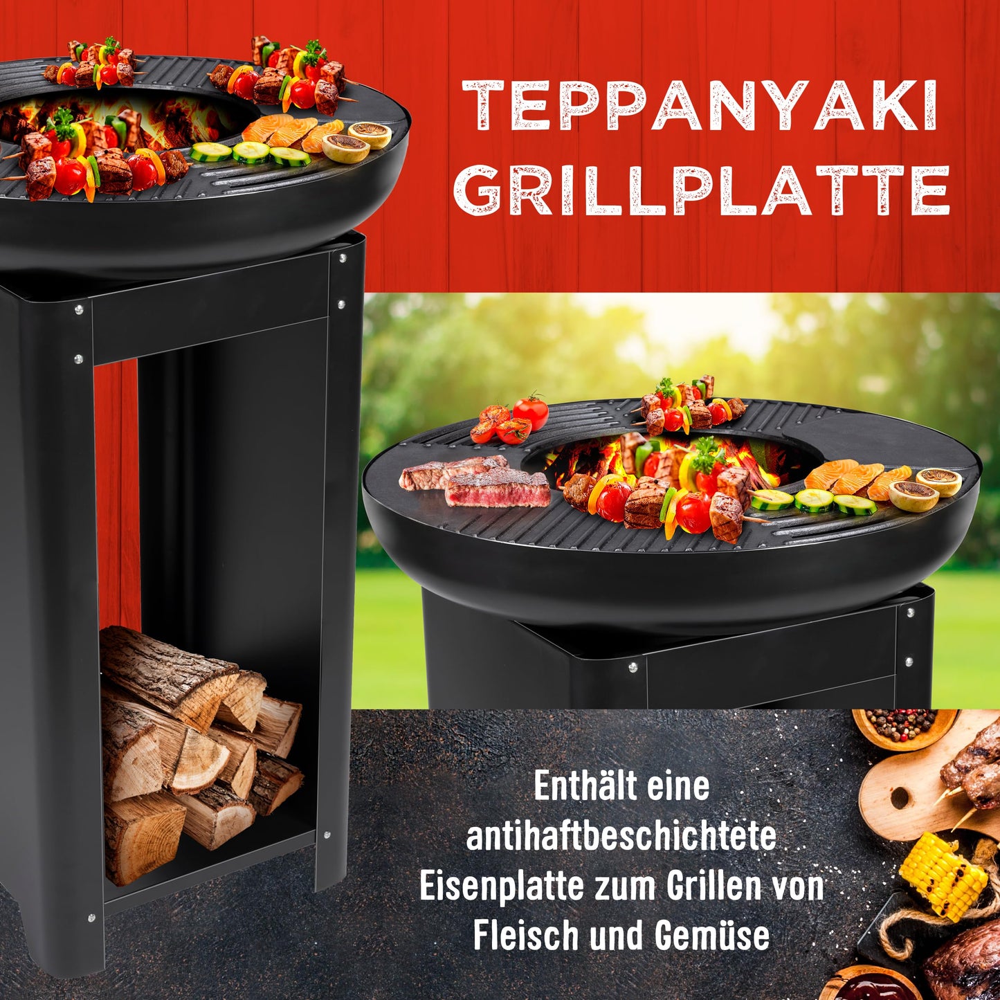 BBQ Collection 3-in-1 fire pit with grill grate - fire basket 61 x 90 cm - outdoor kitchen with Teppanyaki and BBQ grill plate - Plancha BBQ with wood storage - garden fireplace for outdoor use - metal.