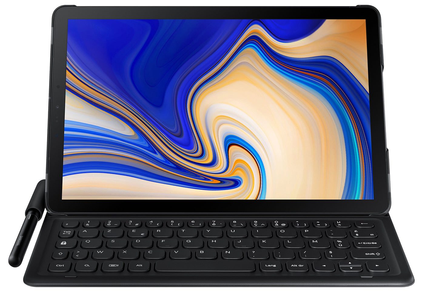 Samsung tablet case with integrated QWERTZ keyboard and pen holder for Galaxy Tab S4 in black.