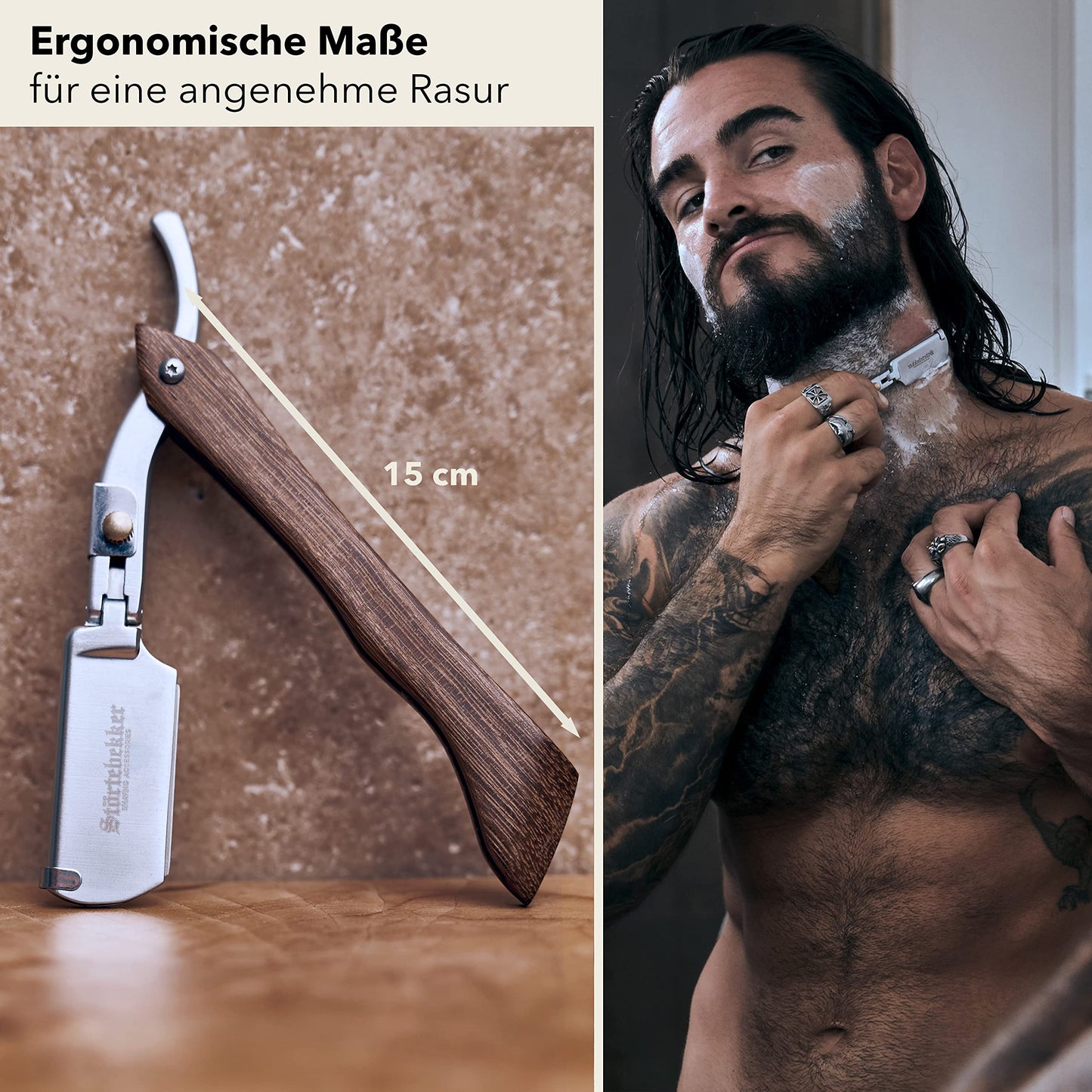 Störtebekker® premium straight razor with wooden handle in handmade leather case (black) including alum stick & shaving guide [+ 10 blades] - gift idea - straight razor set - wet shaving set - shaving kit