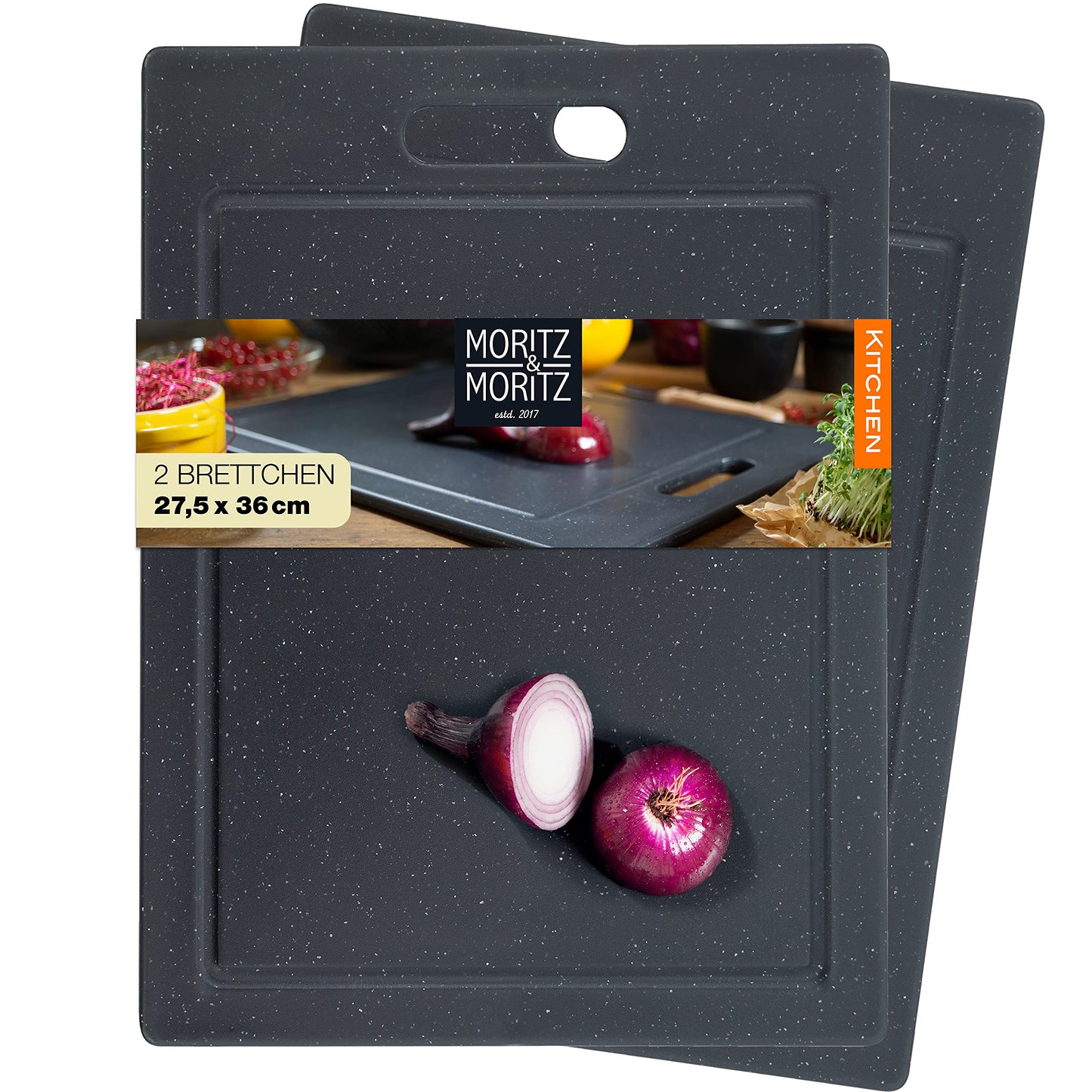 Moritz & Moritz 2x Plastic Cutting Boards - 36 x 27.5 cm - BPA-free Cutting Boards - Granite-style Kitchen Boards - Cutting Board with Non-slip Feet, Grip Opening - Cutting Board with Juice Groove