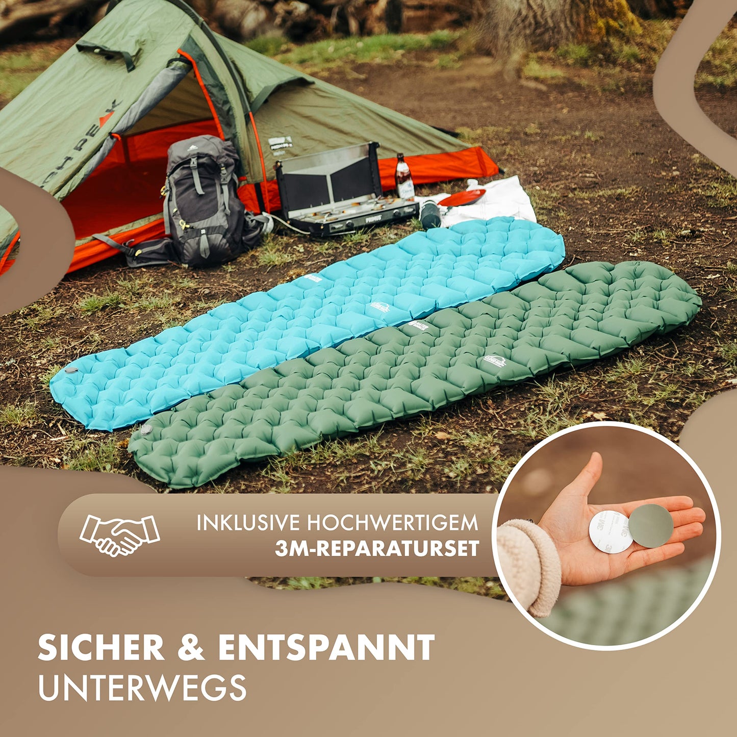 NATURBUMMLER® Ultralight Sleeping Pad [Cloud Nap+] Inflatable Air Mattress for Camping (195x56cm) – weatherproof & foldable – for Trekking Hiking Festival Travel (Nature Green)