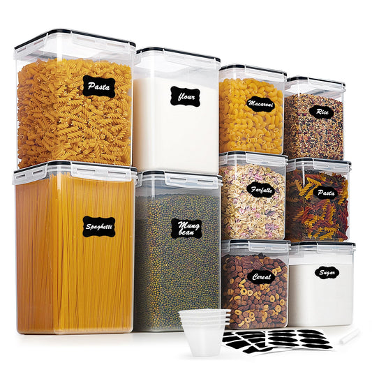 Vtopmart 10-piece set of large airtight storage containers with lids 6.5L, for flour and sugar storage, kitchen storage box for flour, cereal and sugar, BPA free, black.