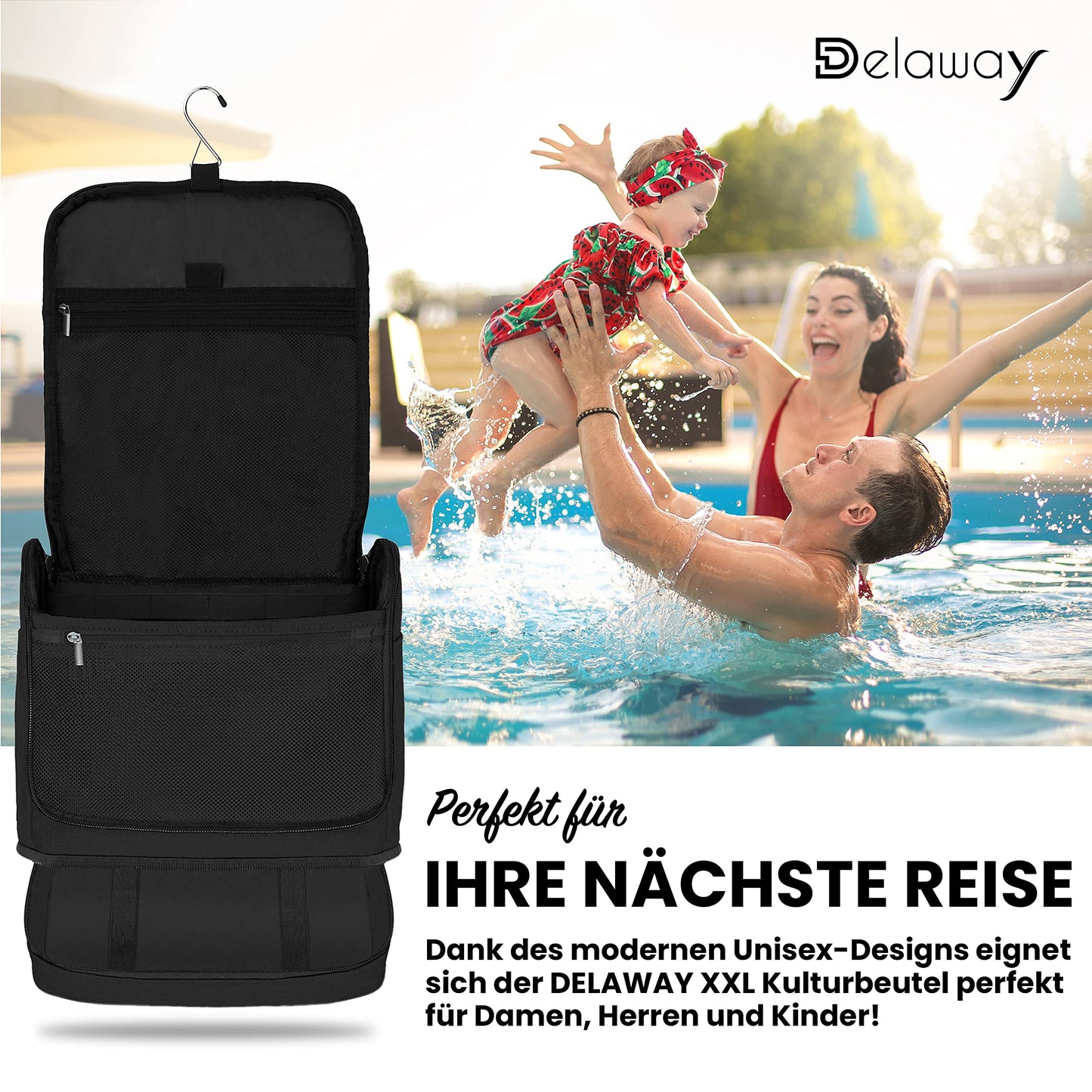 DELAWAY XXL toiletry bag for hanging [Design 2025] Large toiletry bag for women, men with suitcase attachment and separate wet compartment - toiletry bag for men & women (Black New)