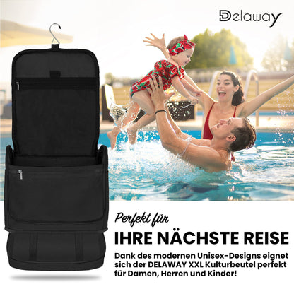 DELAWAY XXL toiletry bag for hanging [Design 2025] Large toiletry bag for women, men with suitcase attachment and separate wet compartment - toiletry bag for men & women (Black New)