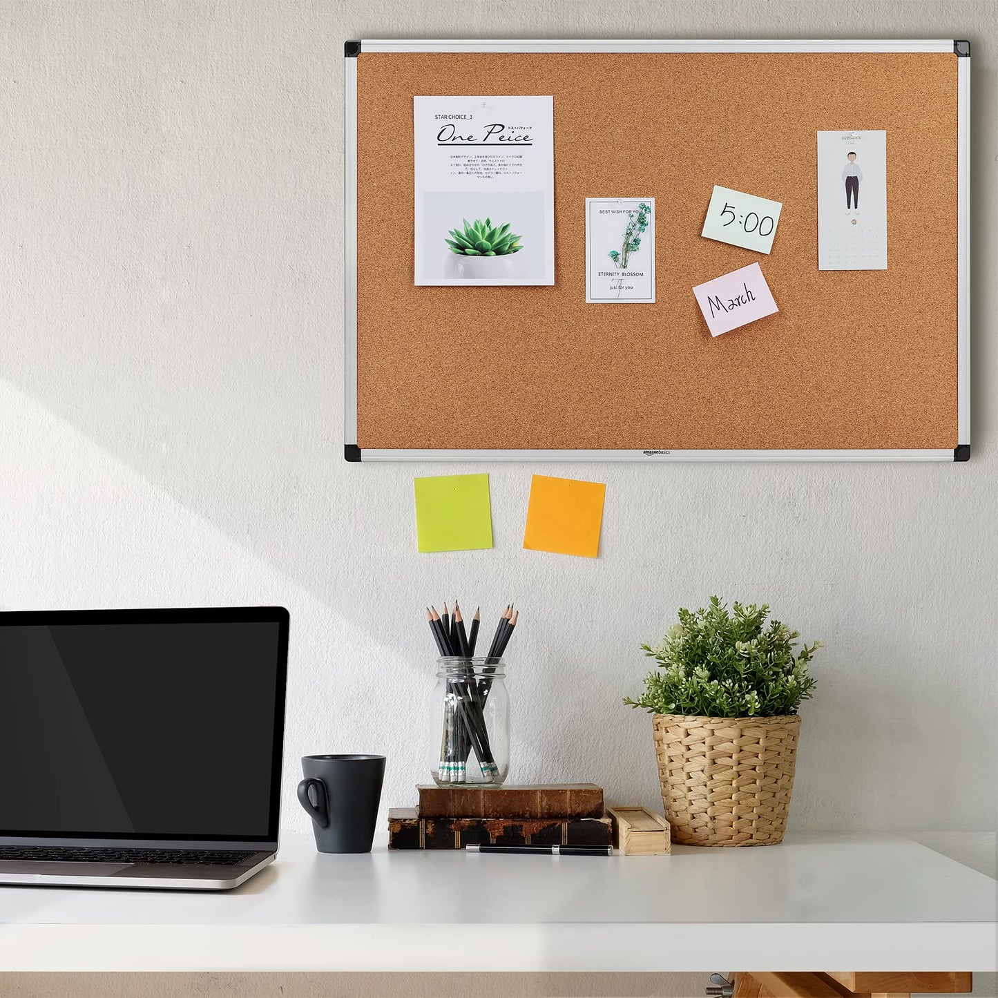 Amazon Basics Cork Bulletin Board, Rectangular Aluminum Frame, 90 x 60 cm, silver