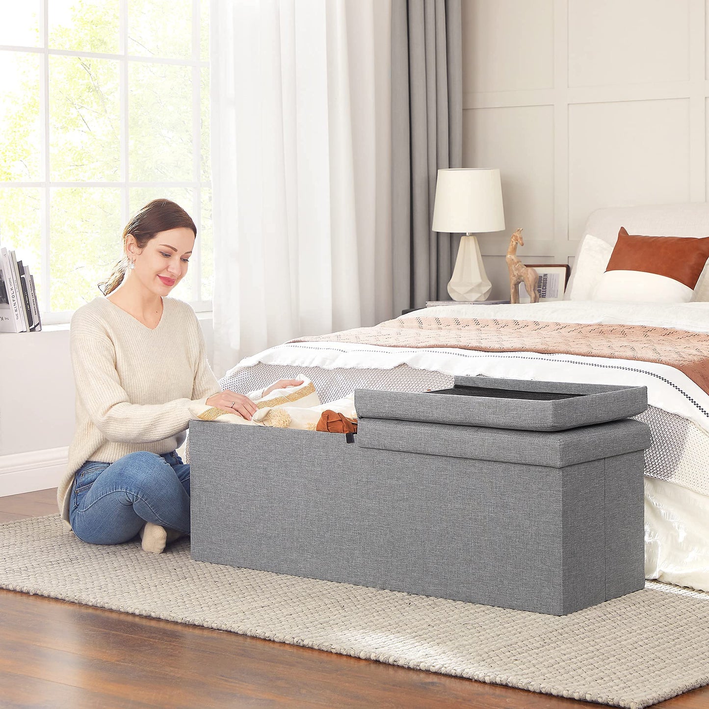 SONGMICS Storage Ottoman Bench, Folding Seat Chest, Storage Box, 14.96 x 43.3 x 14.96 inches, Lid Foldable, Supports up to 660 lbs, for Entryway, Living Room, Bedroom, Ash Gray LSF71G