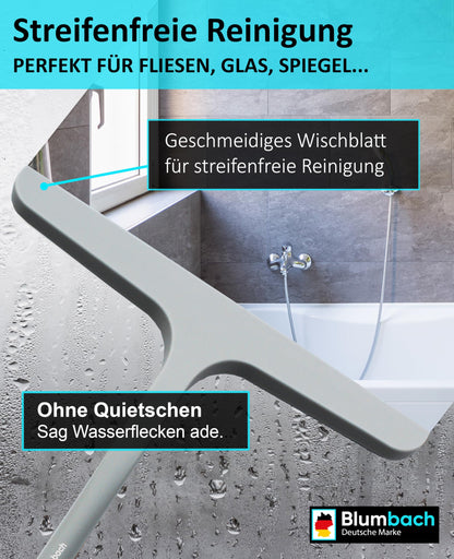 BLUMBACH® Shower Squeegee in grey, 28 cm wide with holder, silicone squeegee with stainless steel core, for shower walls and glass, perfect for wiping off water after a shower.