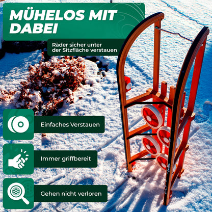 Roll Rodel Original wooden sled with wheels for use on pavement and snow - sled with wheels, red plastic backrest, and pull rope (Davos sled 110cm) - children's vehicle - baby sled