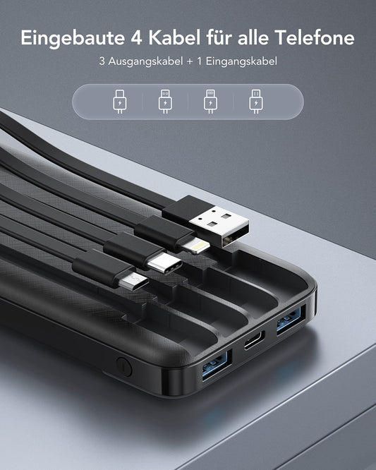 Charmast Powerbank 10000mAh External Battery USB C Power Bank with 4 Built-in Charging Cables Portable Charger LED Display Compact Slim 6 Outputs Compatible with iPhone, Huawei, Samsung Tablet