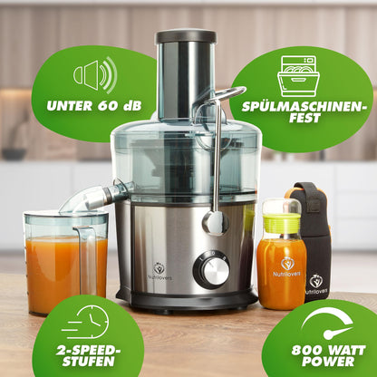 Nutrilovers *award winner* QUICK-JUICER Juicer Stainless Steel for Fruits and Vegetables I XXL chute for juicing whole fruits, 800W, 2 speeds, BPA-free incl. drinking bottle + recipe book & app