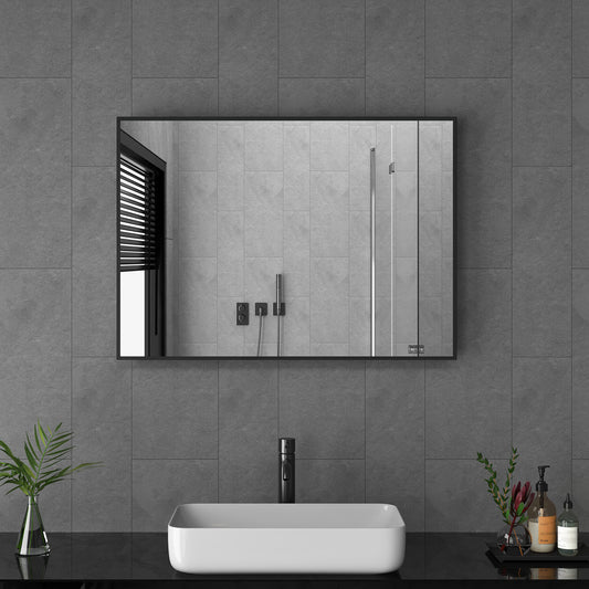 Goezes Black Mirror 50x70cm Bathroom Mirror Black Metal Frame Decorative Bathroom Wall Mirror for Bathroom, Living Room, Guest WC