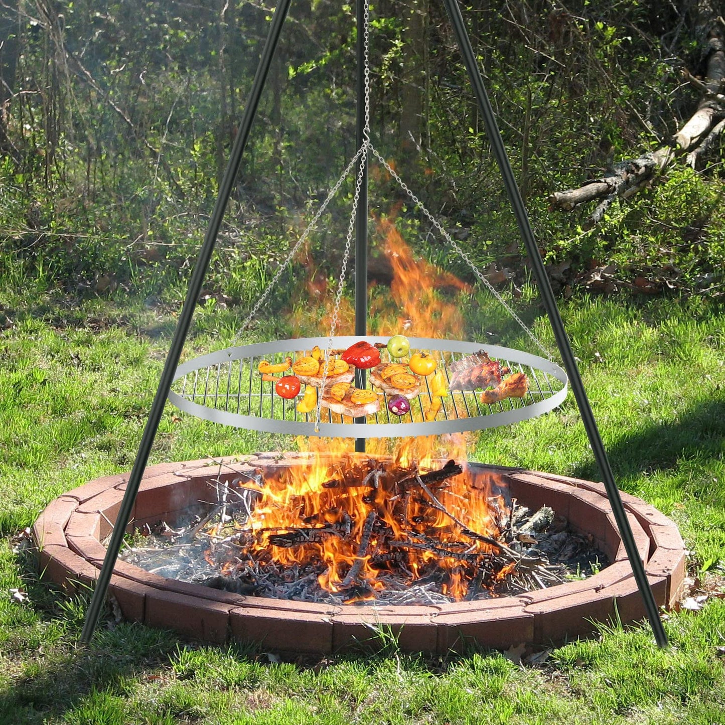 GriHero stainless steel grill grate with a diameter of 70cm for swing grill, grill grid with 3 hanging holes for swing grill grate and fire bowl tripod BBQ grill accessory. Solid 4mm thickness.